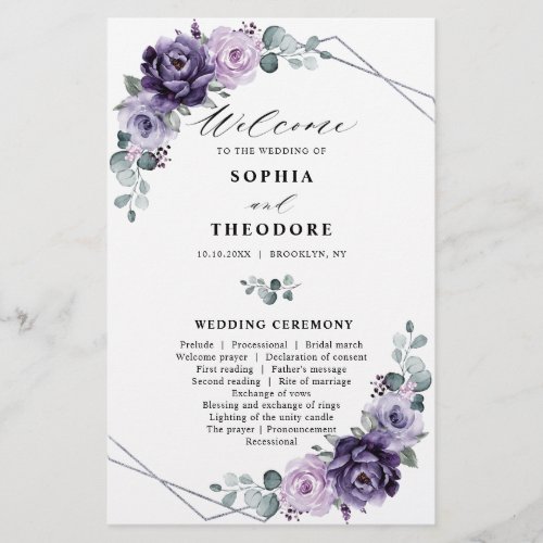 Purple Plum Silver Floral Blooms Wedding Program