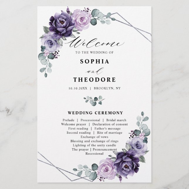 Purple Plum Silver Floral Blooms Wedding Program (Front)