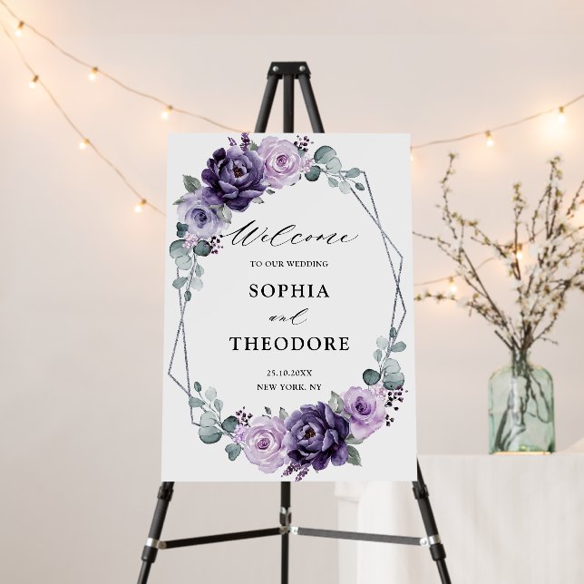Purple Plum Silver Floral Blooms Wedding Welcome Foam Board (In Situ (Stand))