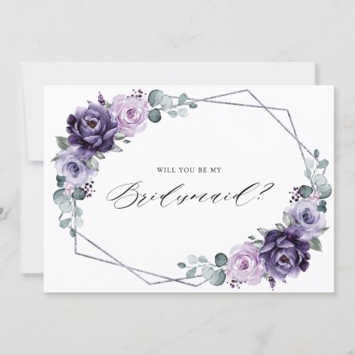 Purple Plum Silver Floral Bridesmaid Proposal Invitation