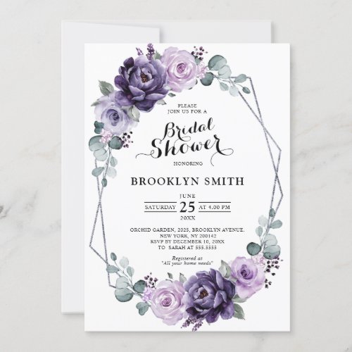 Purple Plum Silver Floral Geometric Bridal Shower Invitation