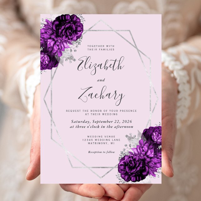 Purple Plum Silver Floral Lilac Wedding Invitation (Creator Uploaded)
