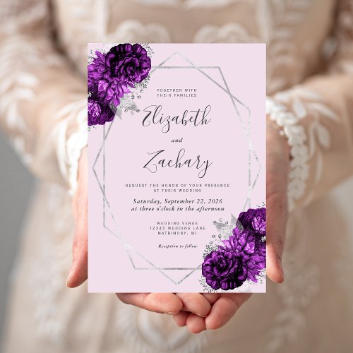 Purple Plum Silver Floral Lilac Wedding Invitation