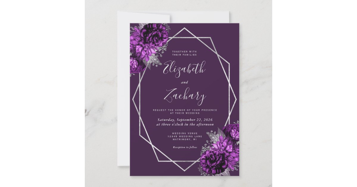 Purple Plum Silver Floral Wedding Invitation | Zazzle