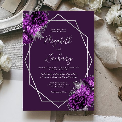 Purple Plum Silver Floral Wedding Invitation