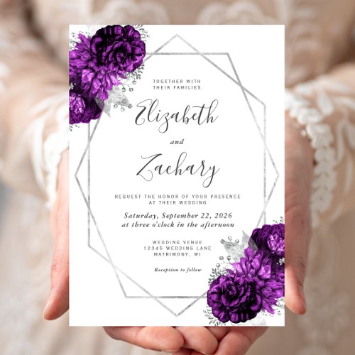 Purple Plum Silver Floral White Wedding Invitation