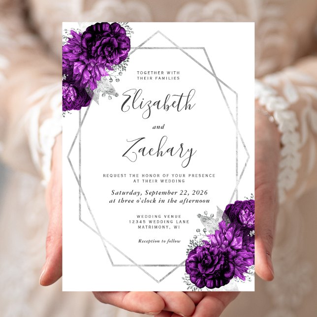 Purple Plum Silver Floral White Wedding Invitation (Creator Uploaded)