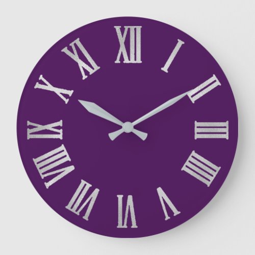 Purple Plum Silver Metallic Gray Roman Numbers Large Clock