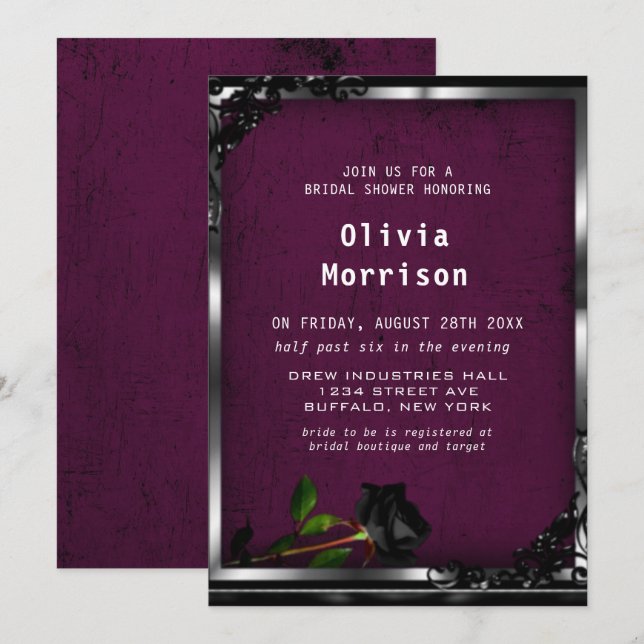 Purple Plum Tapestry and Black Rose Gothic Wedding Invitation (Front/Back)