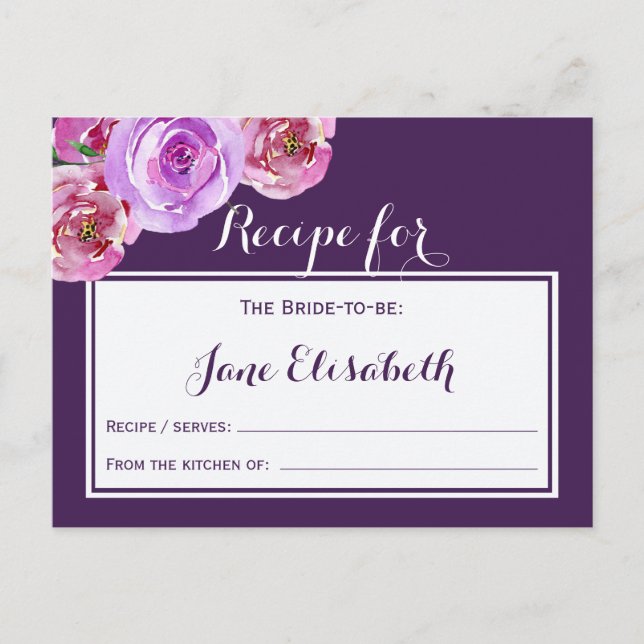 Purple plum violet floral bride to be recipe card (Front)