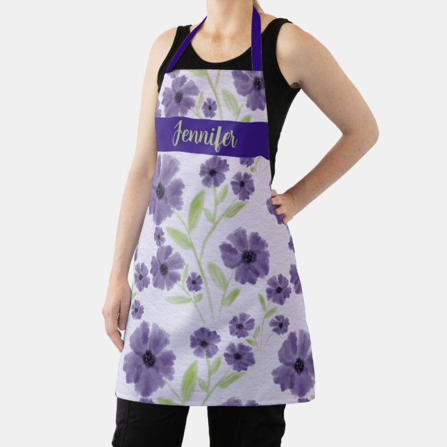 Purple Plum Watercolor Floral Design Apron (Insitu)