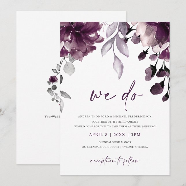 Purple Plum Watercolor Floral Garden Wedding Invitation (Front/Back)
