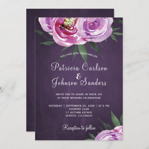 Purple plum watercolor peonies rustic fall wedding invitation