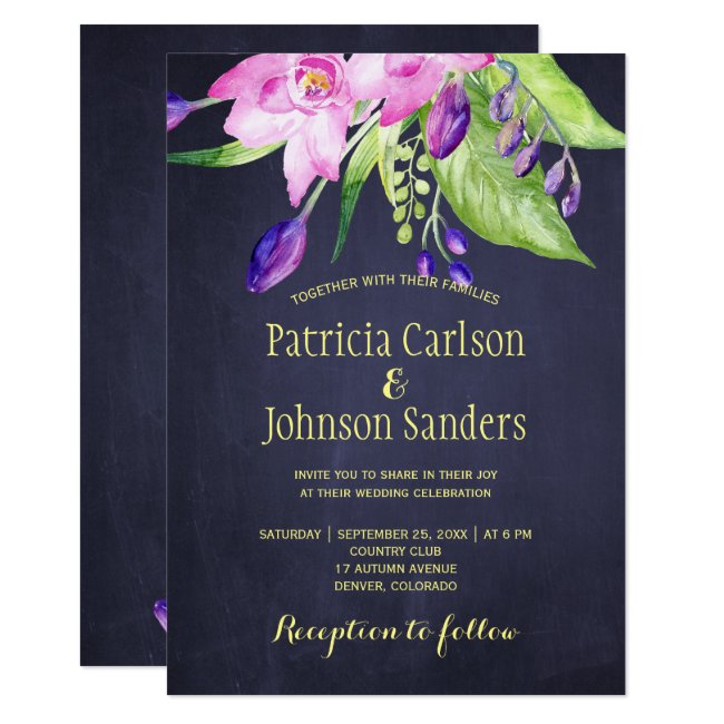 Purple plum watercolor summer floral wedding invitation