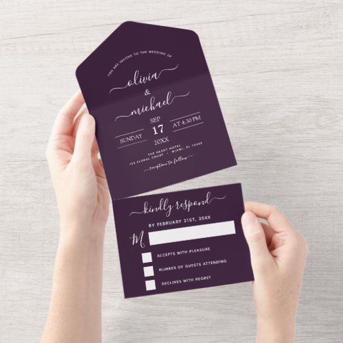 Purple Plum Wedding Modern Typography RSVP All In One Invitation