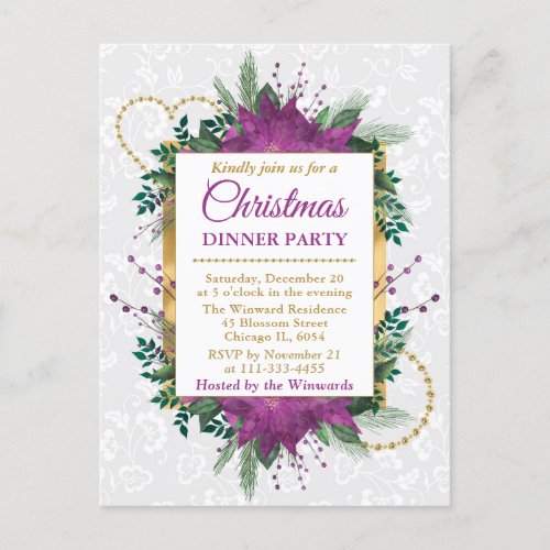 Purple Poinsettia Christmas Dinner Party Postcard