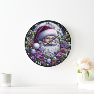 Purple Poinsettia Santa Enchanting Christmas Wall Large Clock