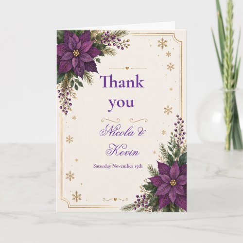 Purple Poinsettia Winter Wedding Thank You Card