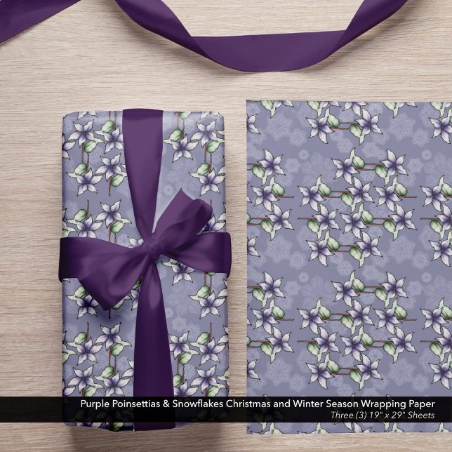 Purple Poinsettias & Snowflakes Christmas Winter Wrapping Paper Sheets (Red Poinsettias & Snowflakes Christmas and Winter Season Wrapping Paper Sheets)