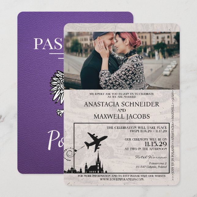 Purple Poland Passport Wedding Invitation (Front/Back)