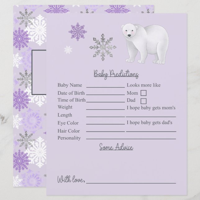 Purple Polar Bear Baby Shower Predictions Advice (Front/Back)