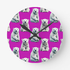 Purple Polar Bear Pattern Design  Round Clock