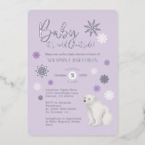 Purple Polar Bear Silver Snowflake Baby Shower Foil Invitation