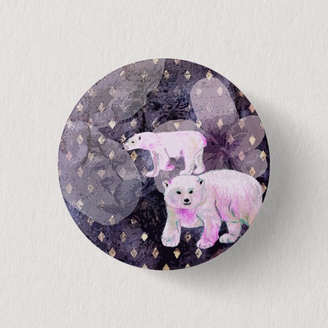 Purple Polar Bears - Arctic Animals Retro Pattern Button (Front)