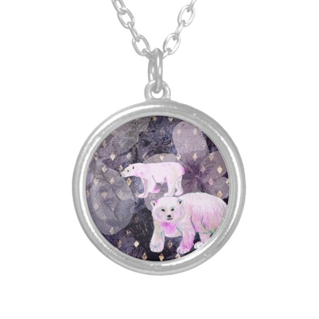 Purple Polar Bears - Arctic Animals Retro Pattern Silver Plated Necklace (Front)