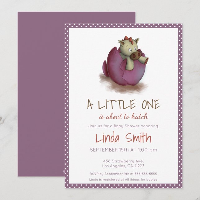 Purple Polka Dot Baby Girl Dinosaur Hatching Invitation (Front/Back)