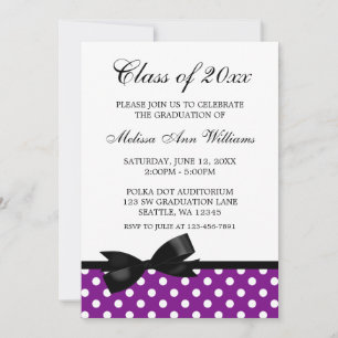 Purple Polka Dot Black Bow Graduation Announcement