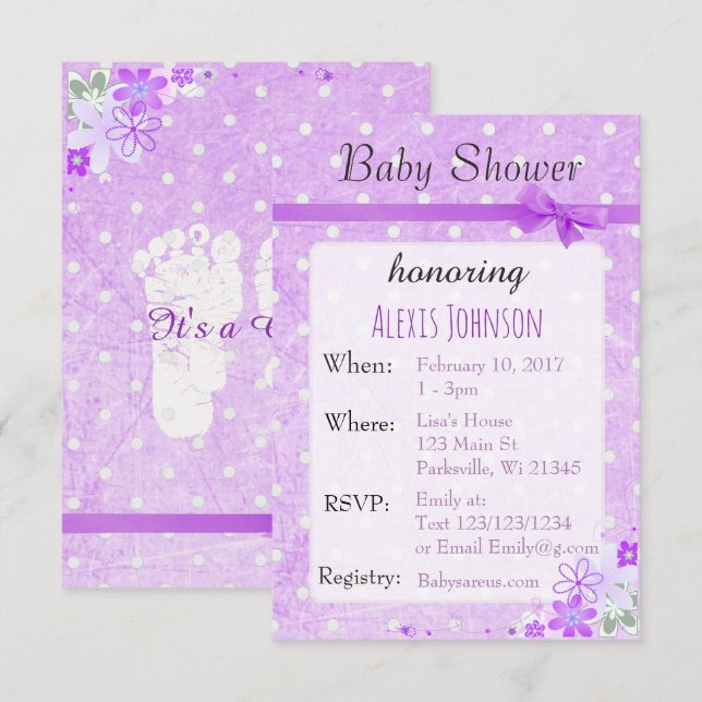 Purple  Polka Dot Bow Girl Baby Shower Invitations (Front/Back)