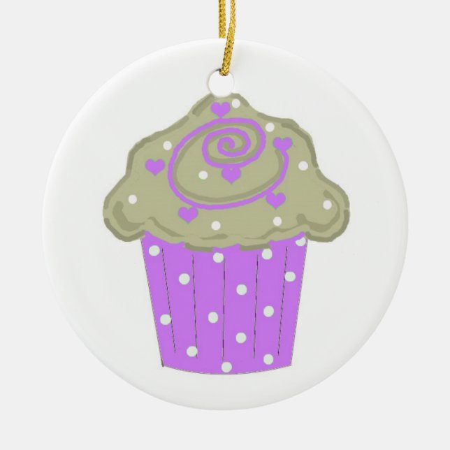 Purple Polka Dot Cupcake Ceramic Ornament (Front)