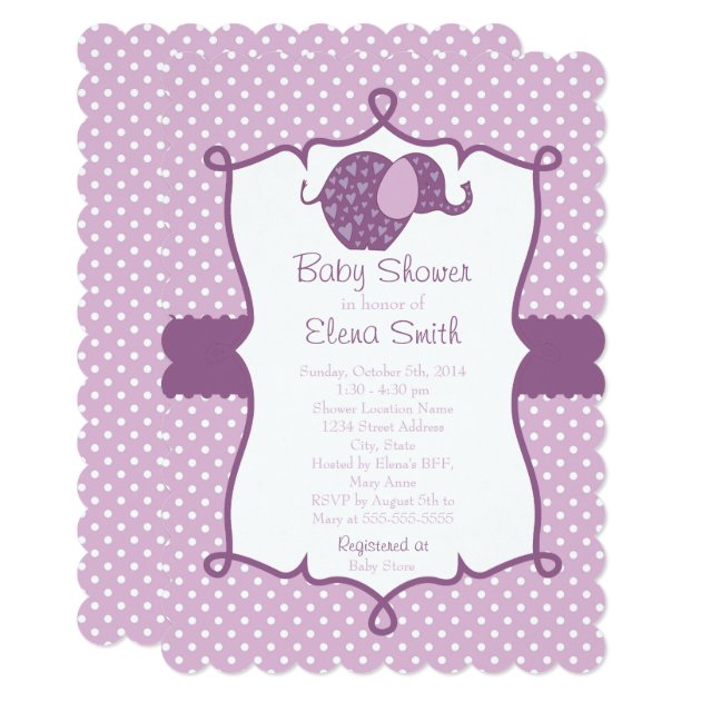 Purple Polka Dot Elephant Baby Shower Invitation