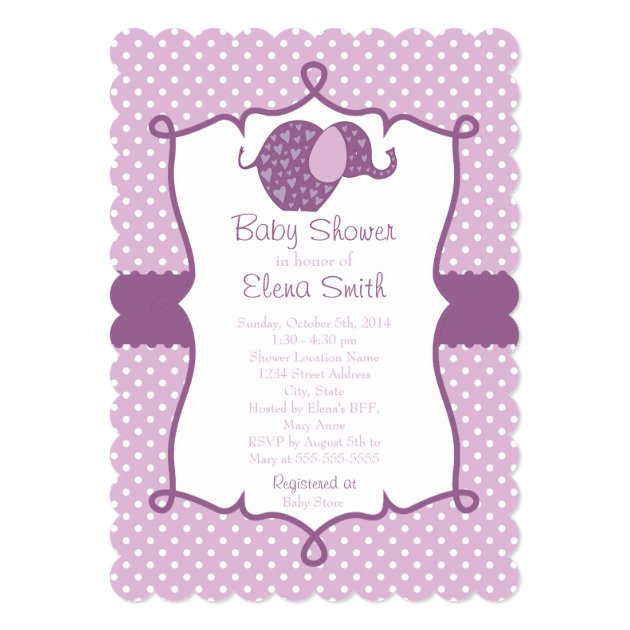 Purple Polka Dot Elephant Baby Shower Invitation