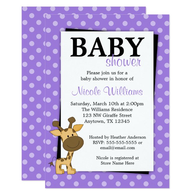 Purple Polka Dot Giraffe Baby Shower Invitations