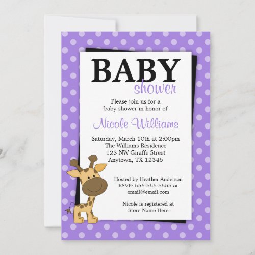 Purple Polka Dot Giraffe Baby Shower Invitations