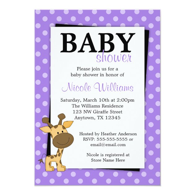 Purple Polka Dot Giraffe Baby Shower Invitations