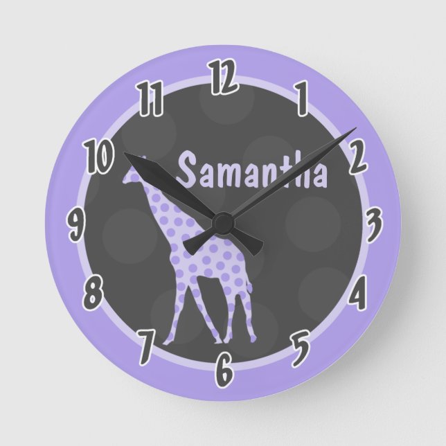 Purple Polka Dot Giraffe Jungle Personalized Clock (Front)