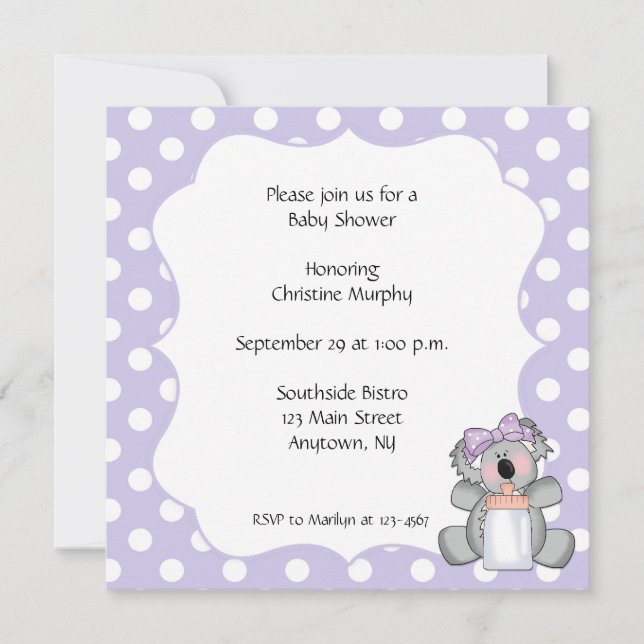 Purple Polka Dot Koala Bear Invitation (Front)