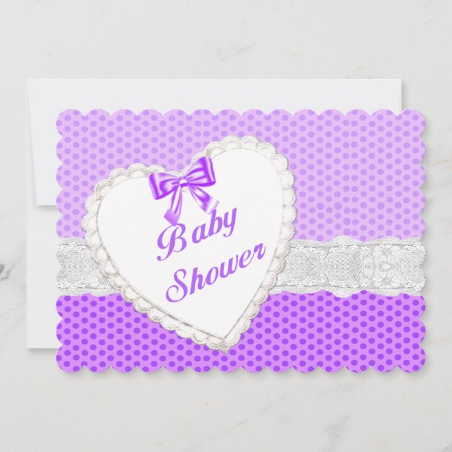 Purple Polka Dot Lace Heart Baby Shower Invitation (Front)