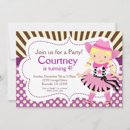 Purple Polka Dot Little Cowgirl Birthday Party Invitation