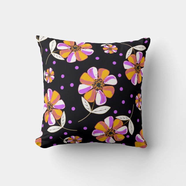 Purple Polka Dot Pansies Throw Pillow (Front)