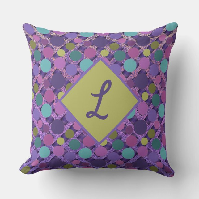 Purple Polka Dot Passion Boho Lattice Outdoor Pillow (Front)
