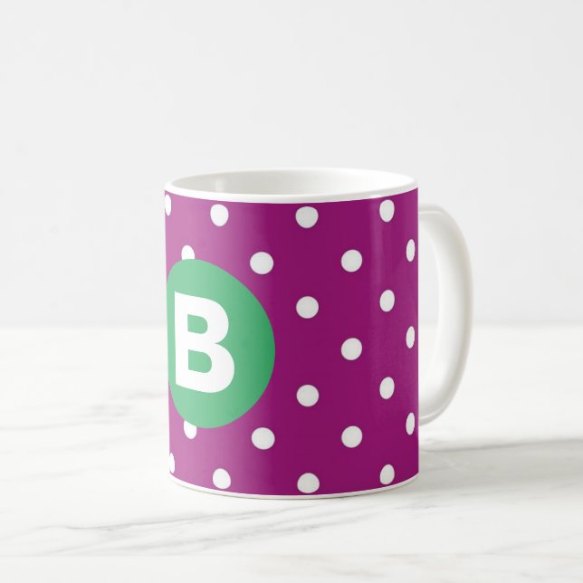 Purple Polka Dot Pattern Green Monogram Coffee Mug (Front Right)