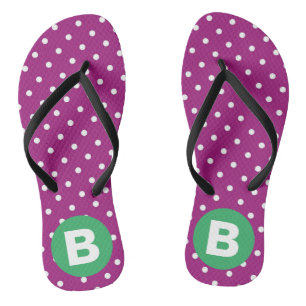 Purple Polka Dot Pattern Green Monogram Flip Flops