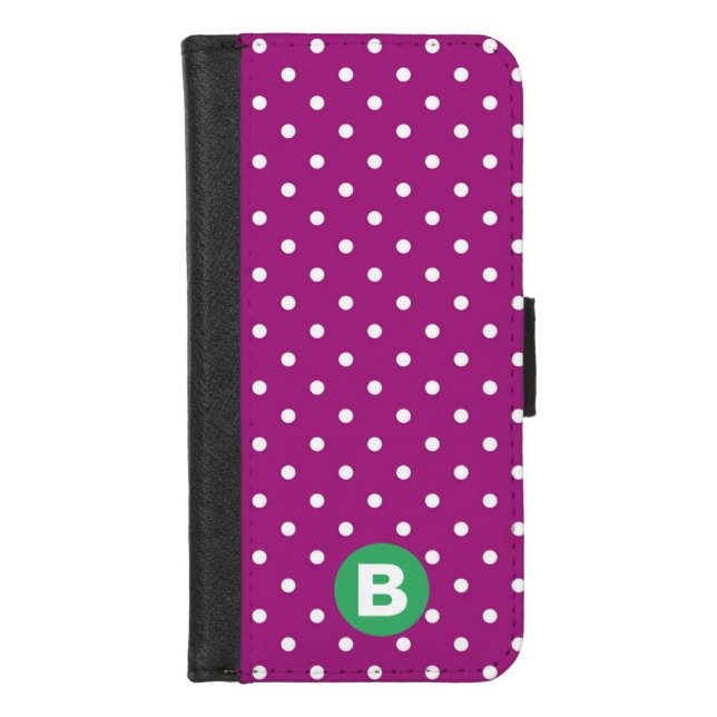 Purple Polka Dot Pattern Green Monogram iPhone Wallet Case (Front)