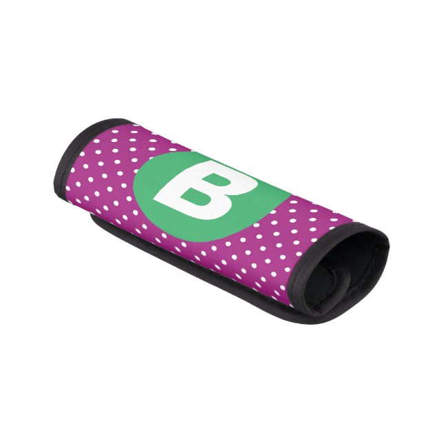 Purple Polka Dot Pattern Green Monogram Luggage Handle Wrap (Angled)