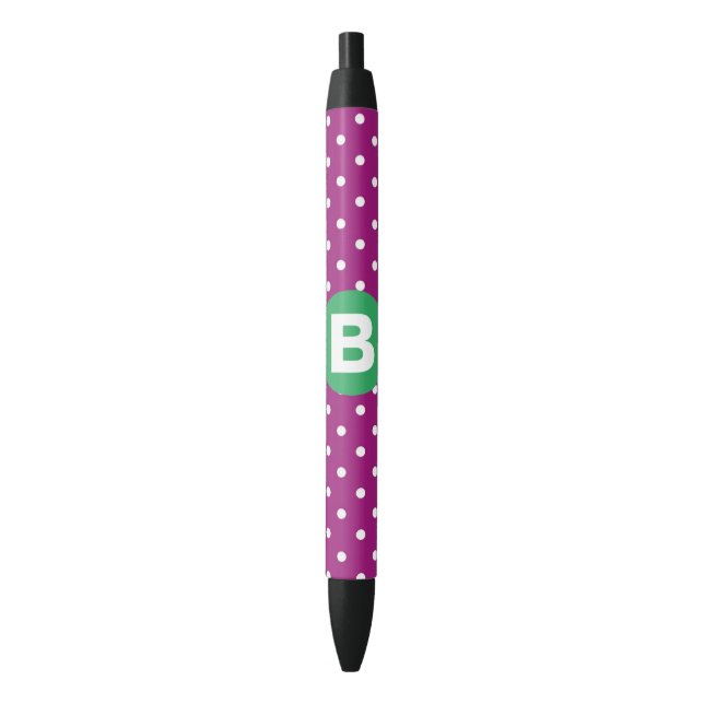 Purple Polka Dot Pattern Green Monogram Pen (Front Vertical)