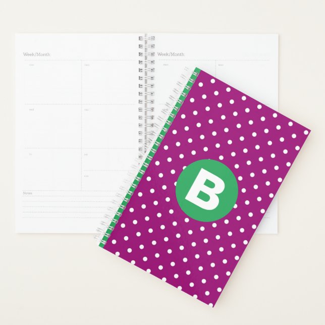 Purple Polka Dot Pattern Green Monogram Planner (Display)